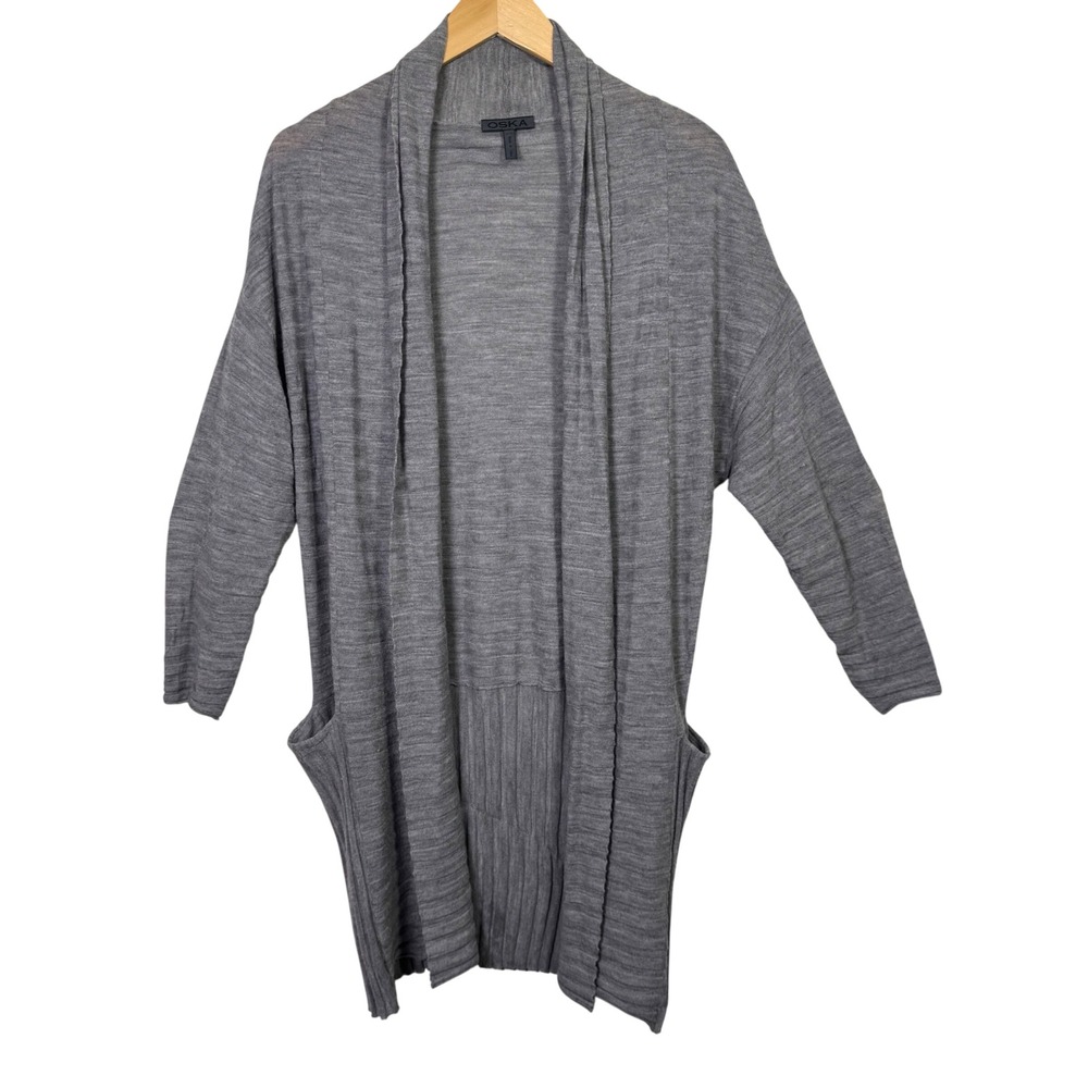 OSKA‎ Cardigan Duster Size 1 Medium Virgin Wool Gray Ribbed Knit  Lightweight